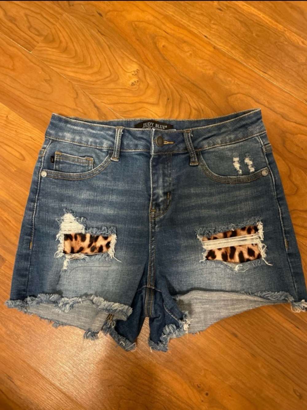 Distressed Leopard Patch Denim Shorts - Judy Blue